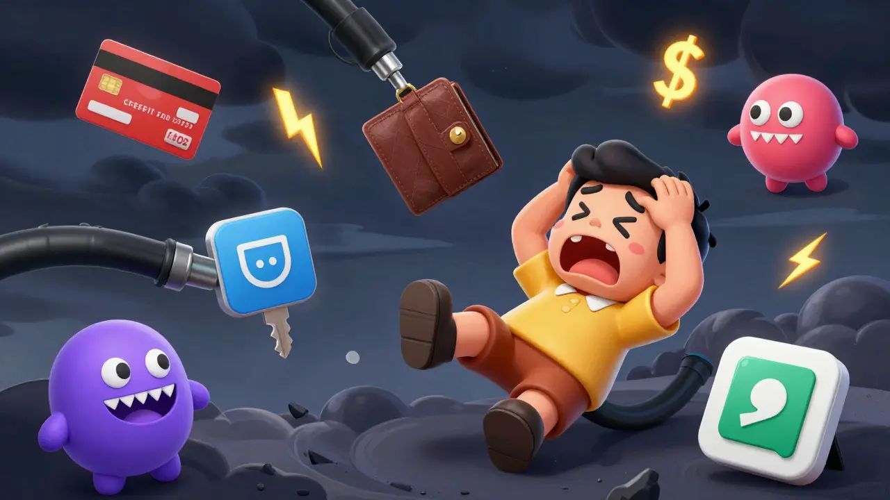 Distressed victim losing money and data to floating malware creatures