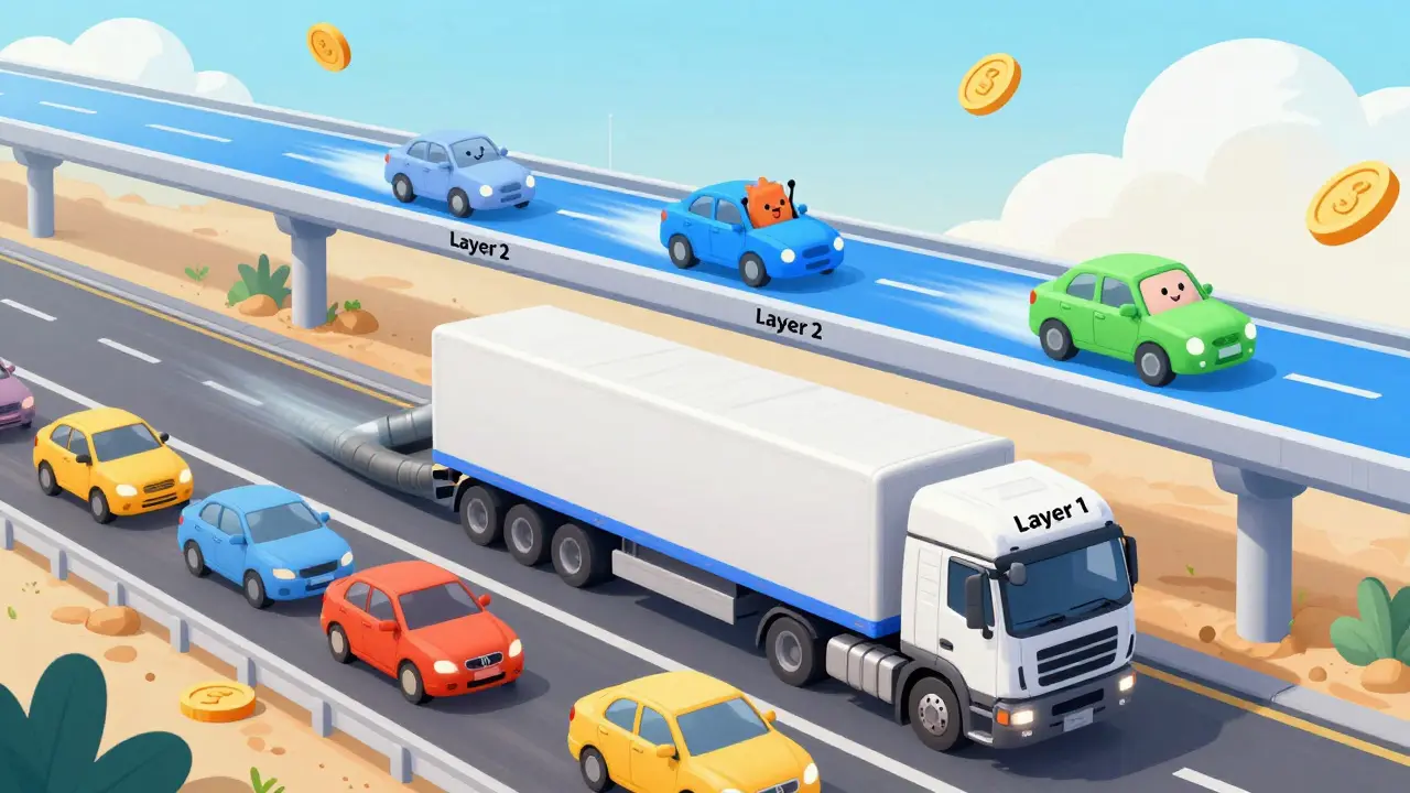 Fast Layer 2 express lanes bypassing slow Layer 1 traffic in cartoon style