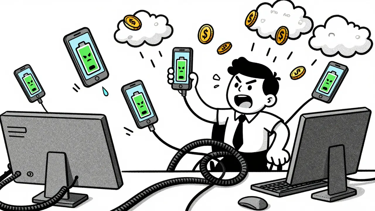 Frustrated IT worker tangled in cords with draining phone batteries