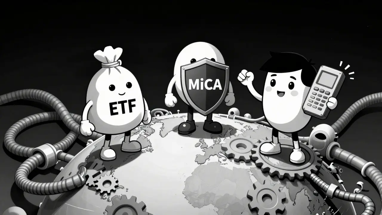 Global regions connected by cables in a retro cartoon finance scene