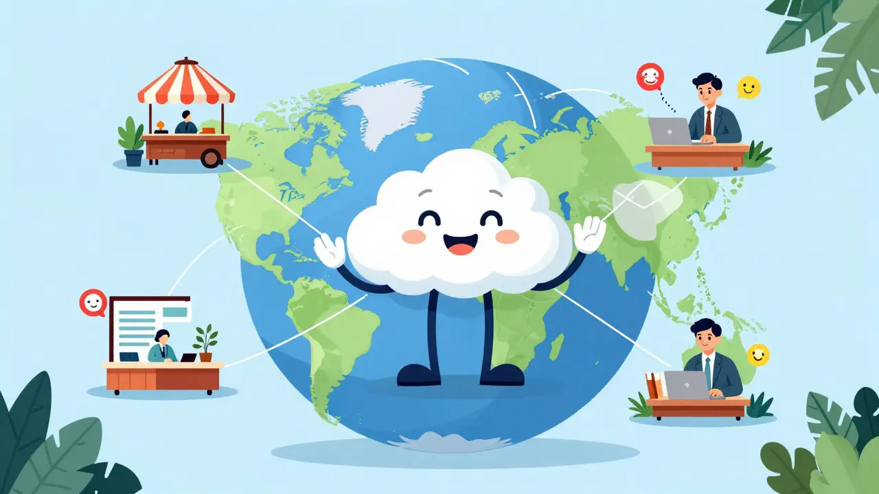 Global team connected by smiling cloud in cartoon