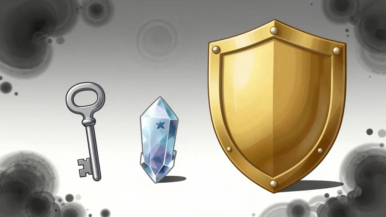 Illustration contrasting a small key and a large shield to represent ZKP types