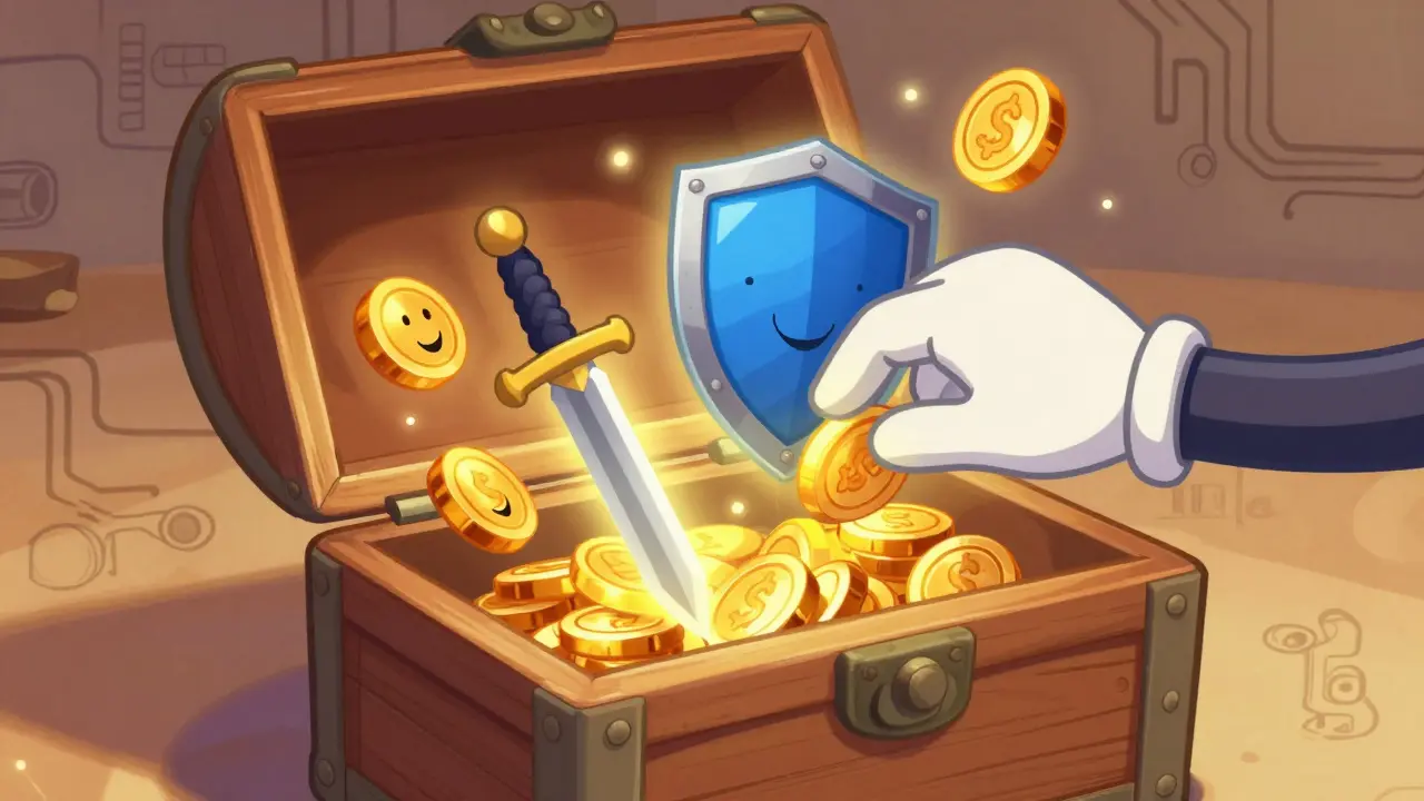 Open treasure chest displaying floating cartoon game items like swords and coins in a magical inventory.
