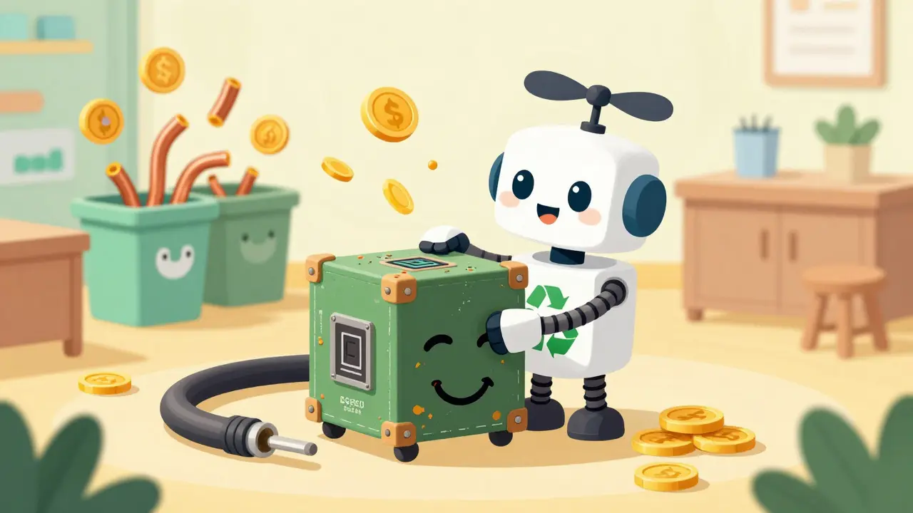 Recycling robot hugging old miner with gold coins