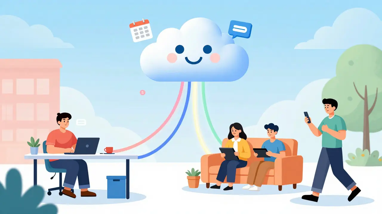 Remote workers connected by colorful light ribbons to cloud