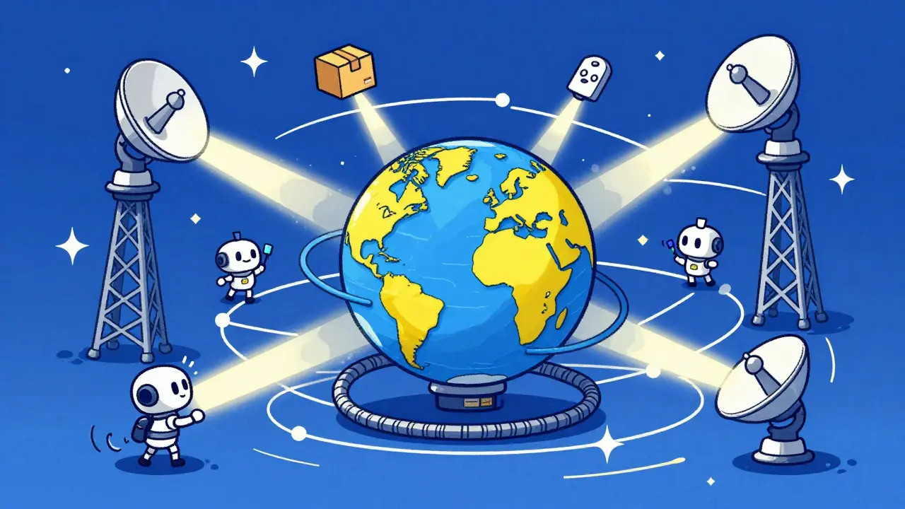 Retro animated globe with satellites and robots connected by light beams