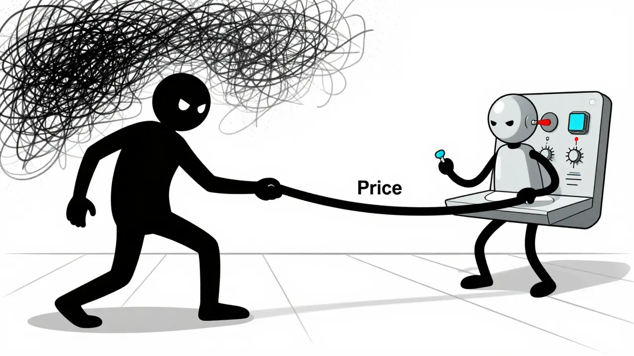 Rubber hose style art depicting price manipulation risks and future tech