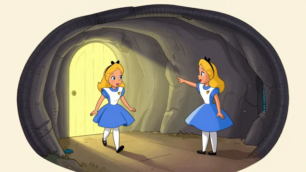 Rubber hose style cartoon of Alice and Bob demonstrating the cave proof analogy