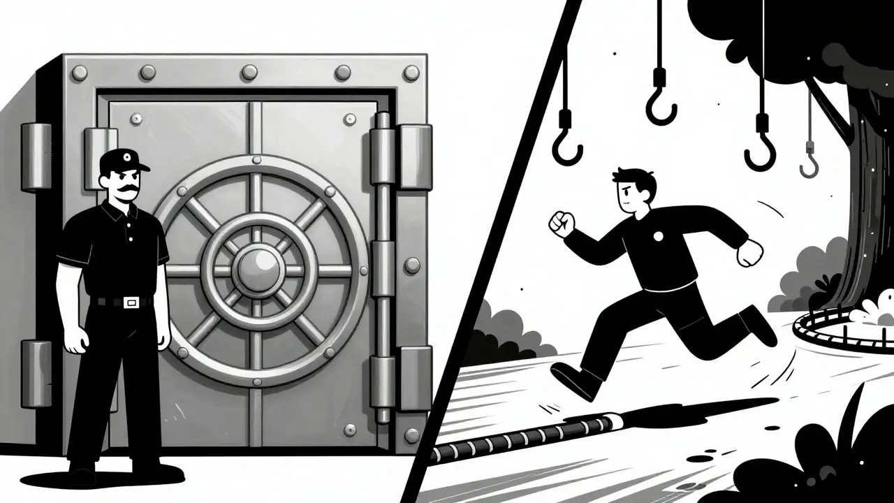 Split scene showing a secure vault and a nimble runner avoiding phishing traps in vintage art.
