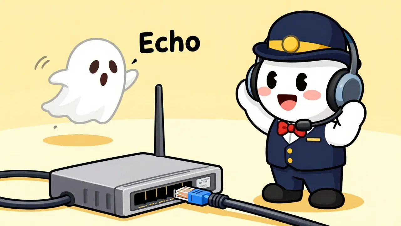 Technician fixing VoIP issues with headset and ethernet