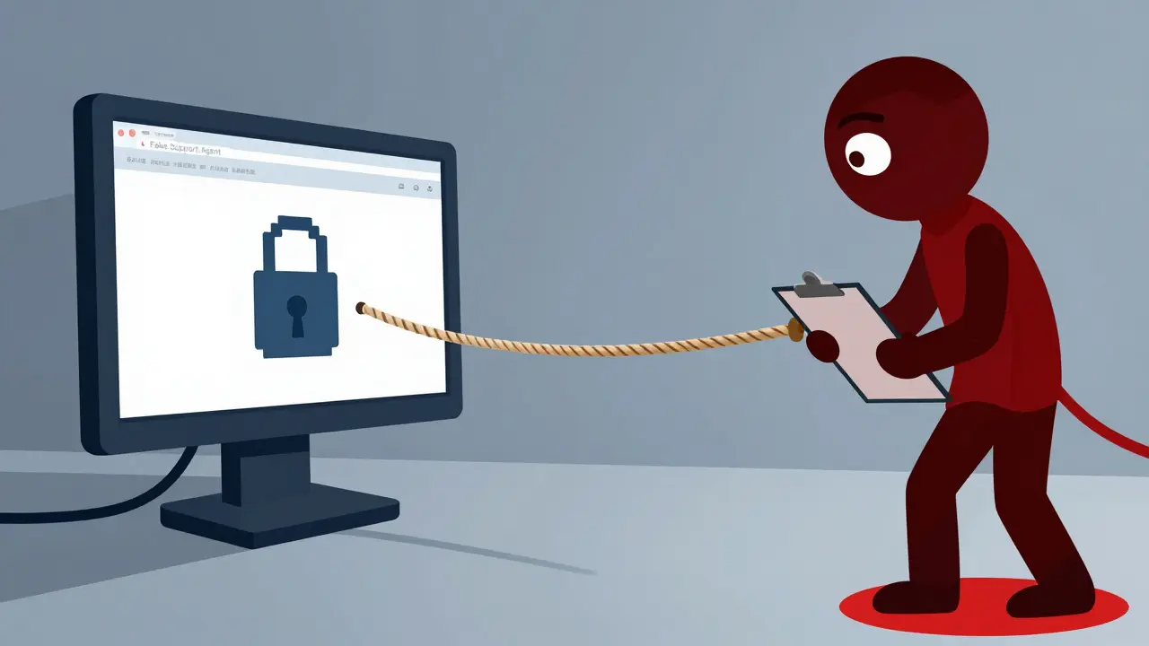Victim on fake website connected by rope bridge to shadowy support agent