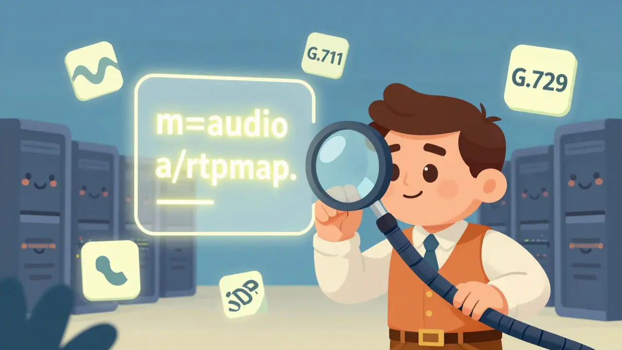 Vintage cartoon engineer inspecting glowing SDP code with a magnifying glass
