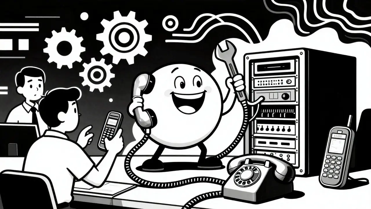 Vintage cartoon IT worker fixing tangled phone wires in office