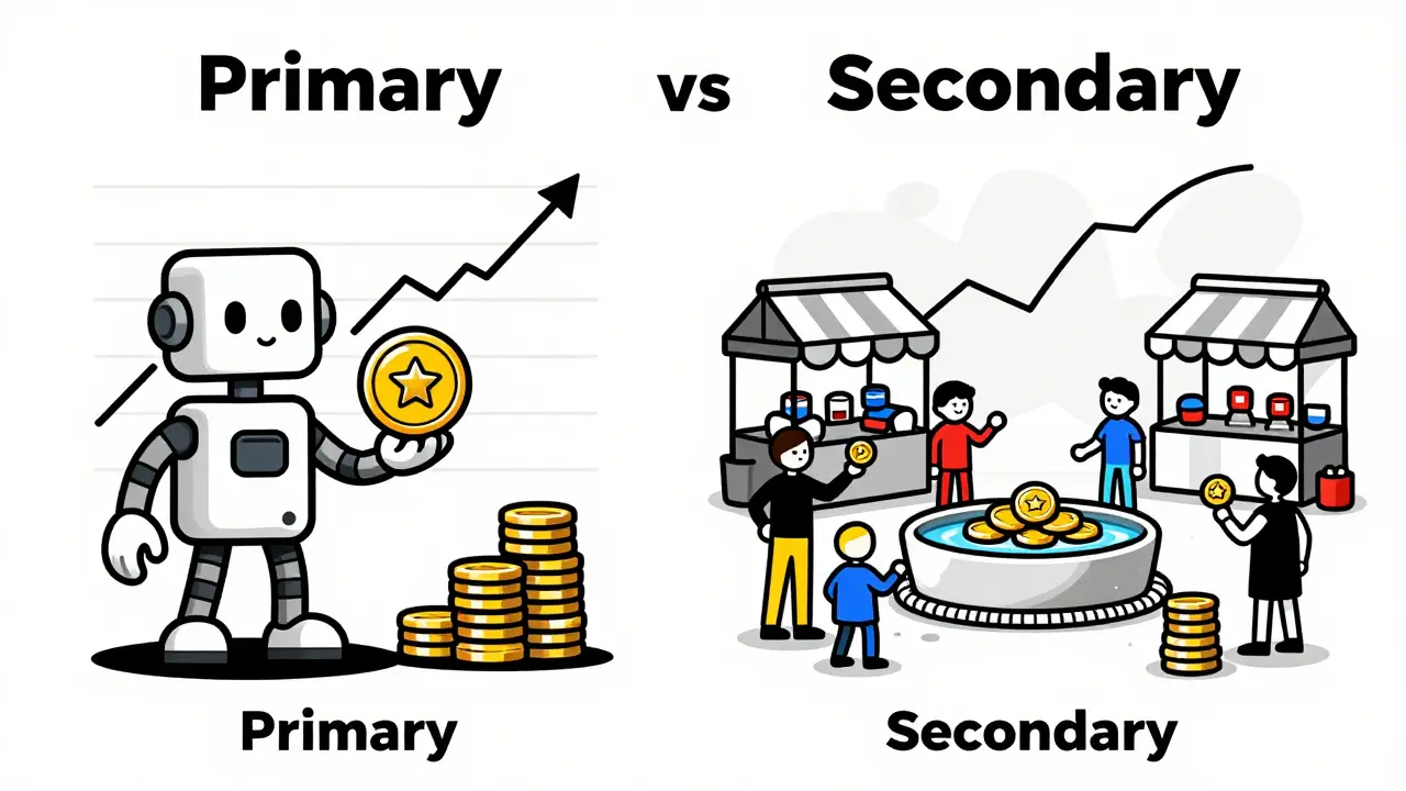 Vintage cartoon showing token launch vs established market trading dynamics