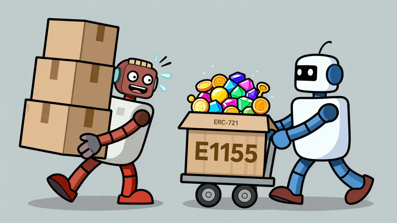 Vintage robot struggling with single boxes vs modern robot efficiently moving a batch of items.