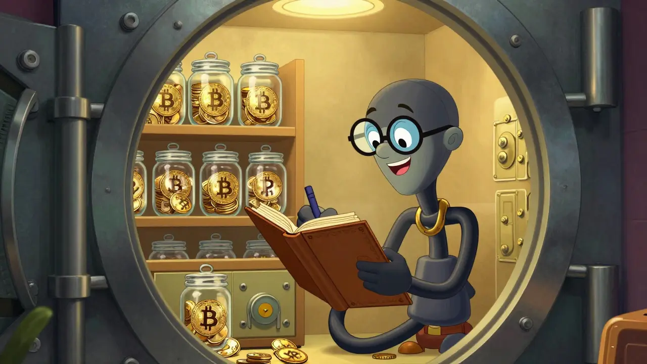 Vintage style illustration of organized crypto assets in a secure vault
