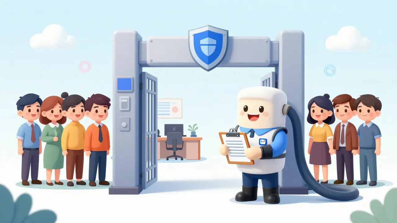 A secure gateway character guarding a network border with waiting users