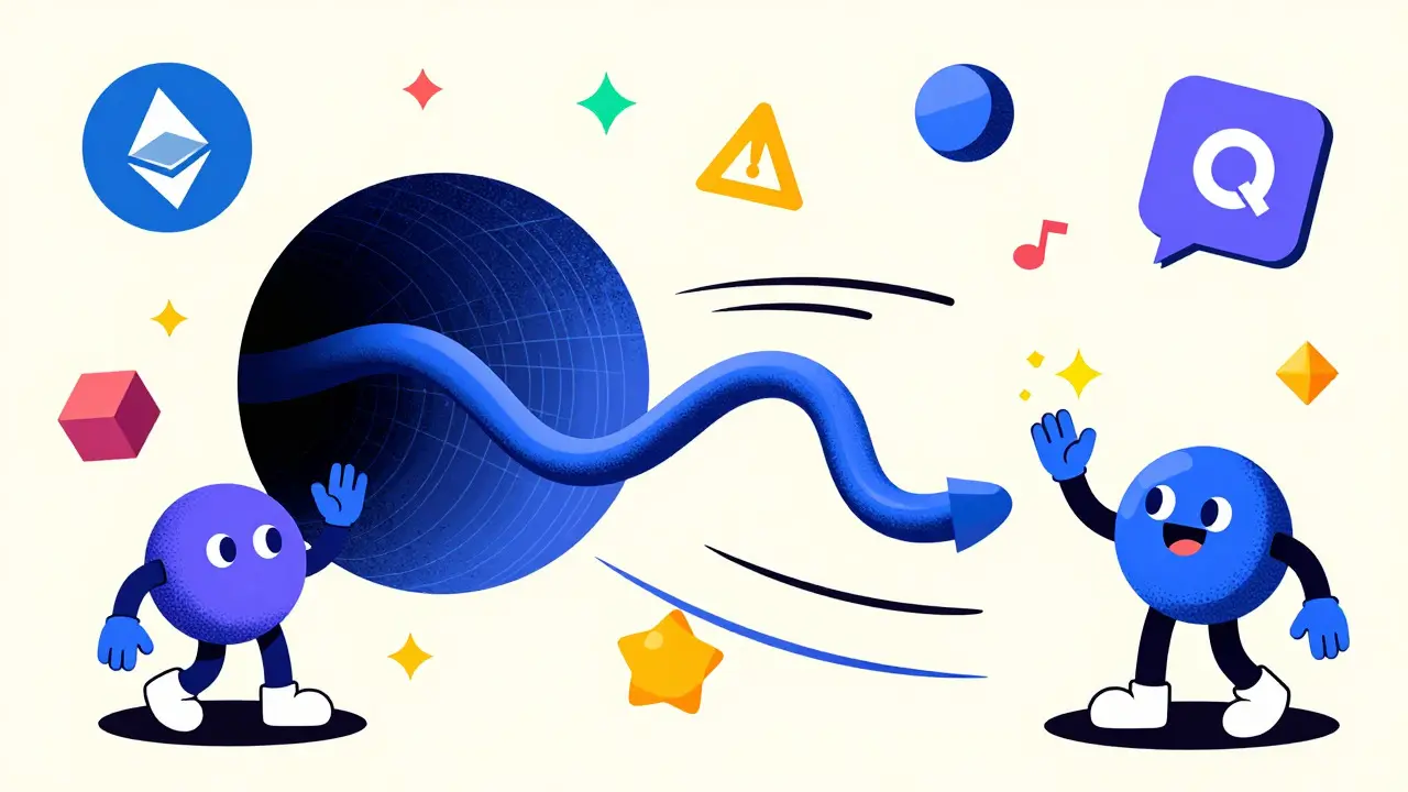 Abstract NFT artwork traveling through a wormhole between different blockchain worlds