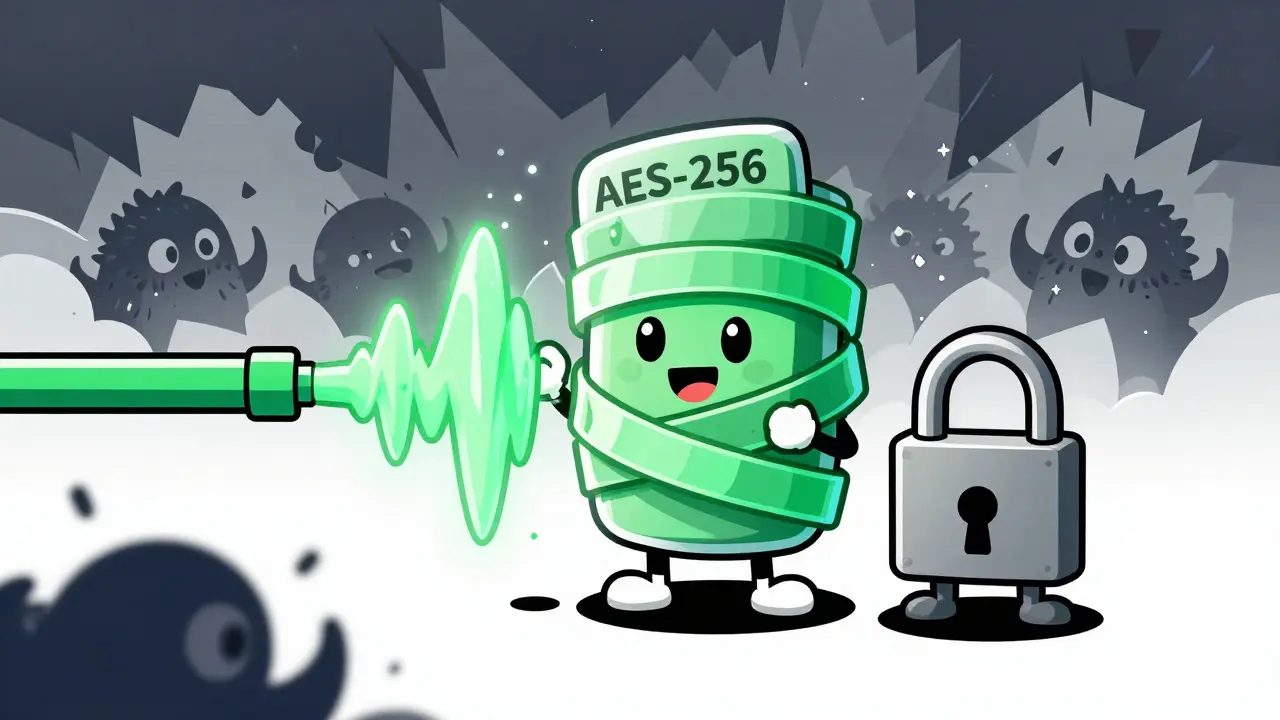 Animated audio wave protected by green encryption shields against static monsters.