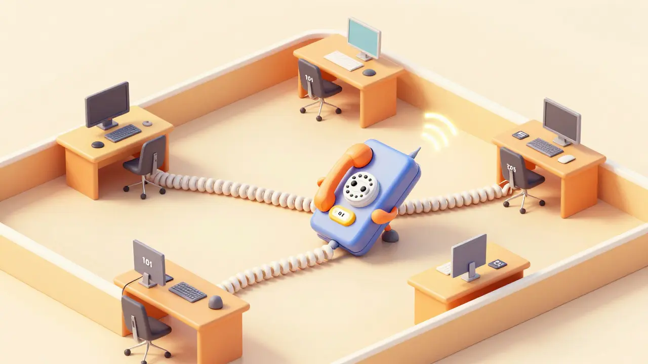 Anthropomorphic phone cord connecting office desks in a whimsical illustration.