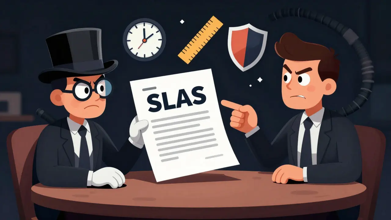 Businessman negotiating strict SLA contract with ISP manager