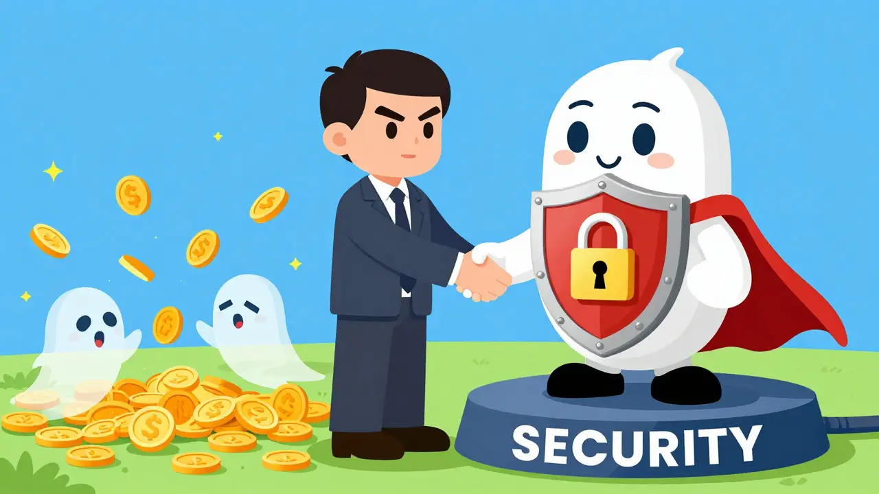 Businessman shaking hands with security shield mascot over hacker pit