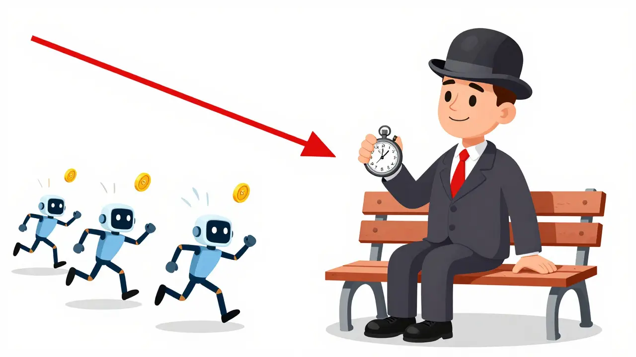Calm cartoon investor watching a downward price curve while bots fail