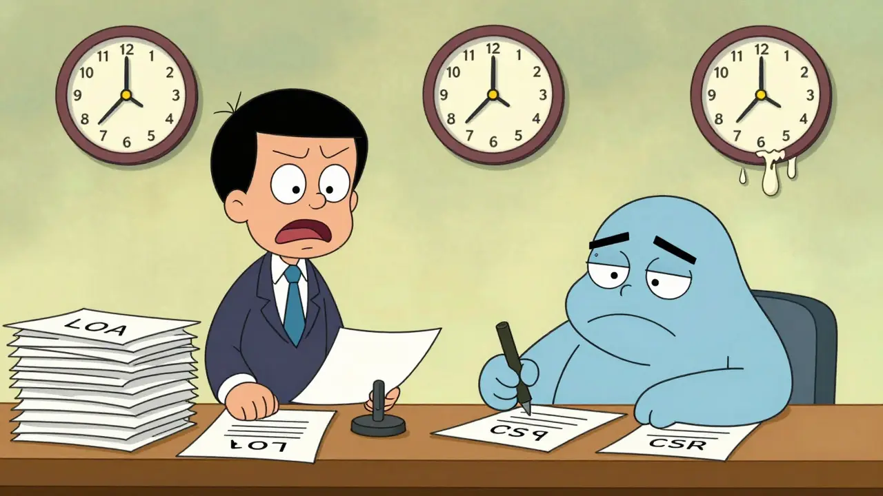 Cartoon character frustrated by paperwork delays and slow clerk in office