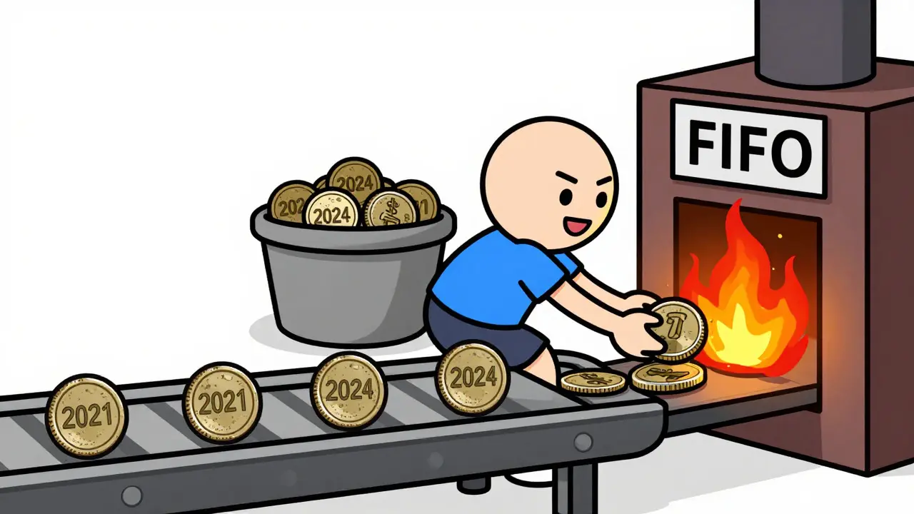 Cartoon character using FIFO method, sending old coins into a tax furnace