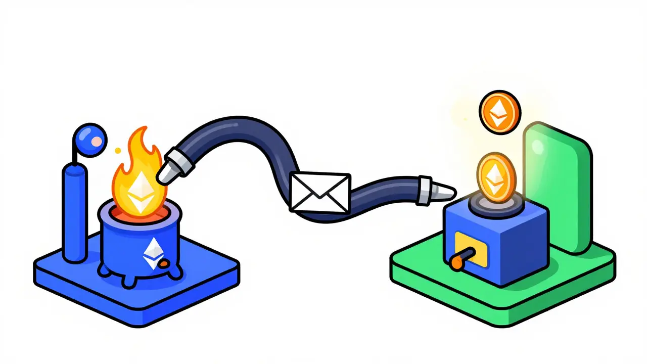 Cartoon illustration of token burning on one chain and minting on another