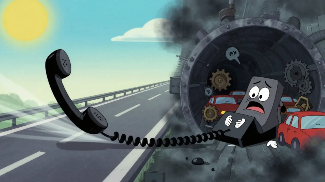Cartoon phone racing freely vs one stuck in a slow, congested VPN tunnel.