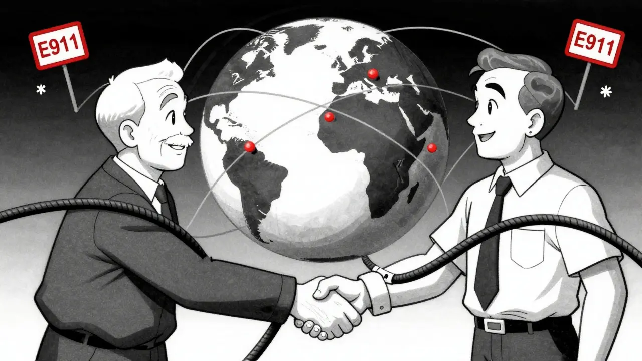 Cartoon providers shaking hands as phone cord transfers during cutover