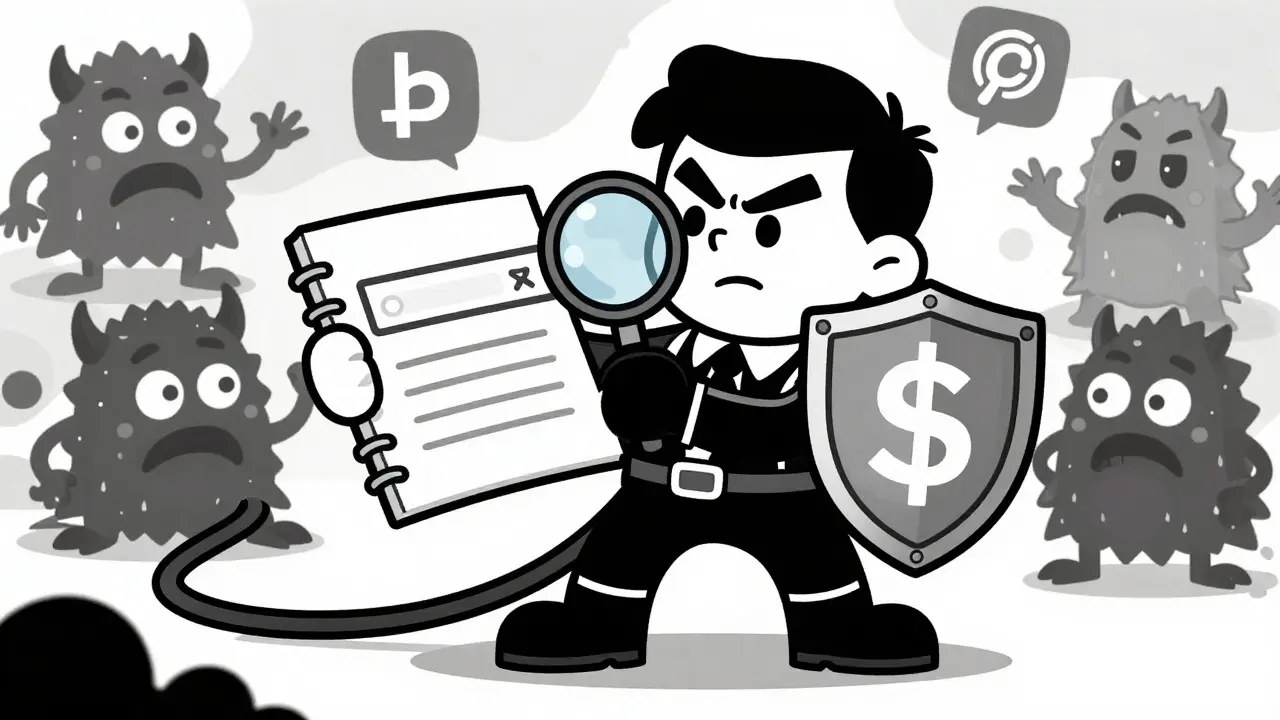 Cartoon user guarding crypto assets with a notebook shield against monsters.
