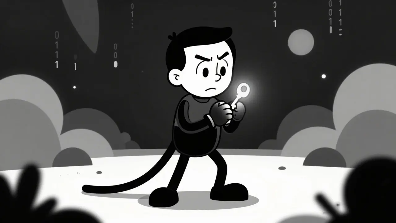 Character clutching a digital key alone, representing non-custodial self-sovereignty.