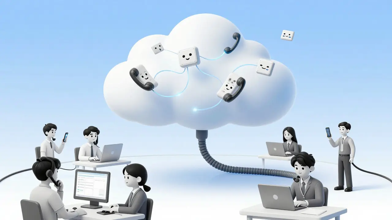Cloud server connecting remote workers in cartoon style