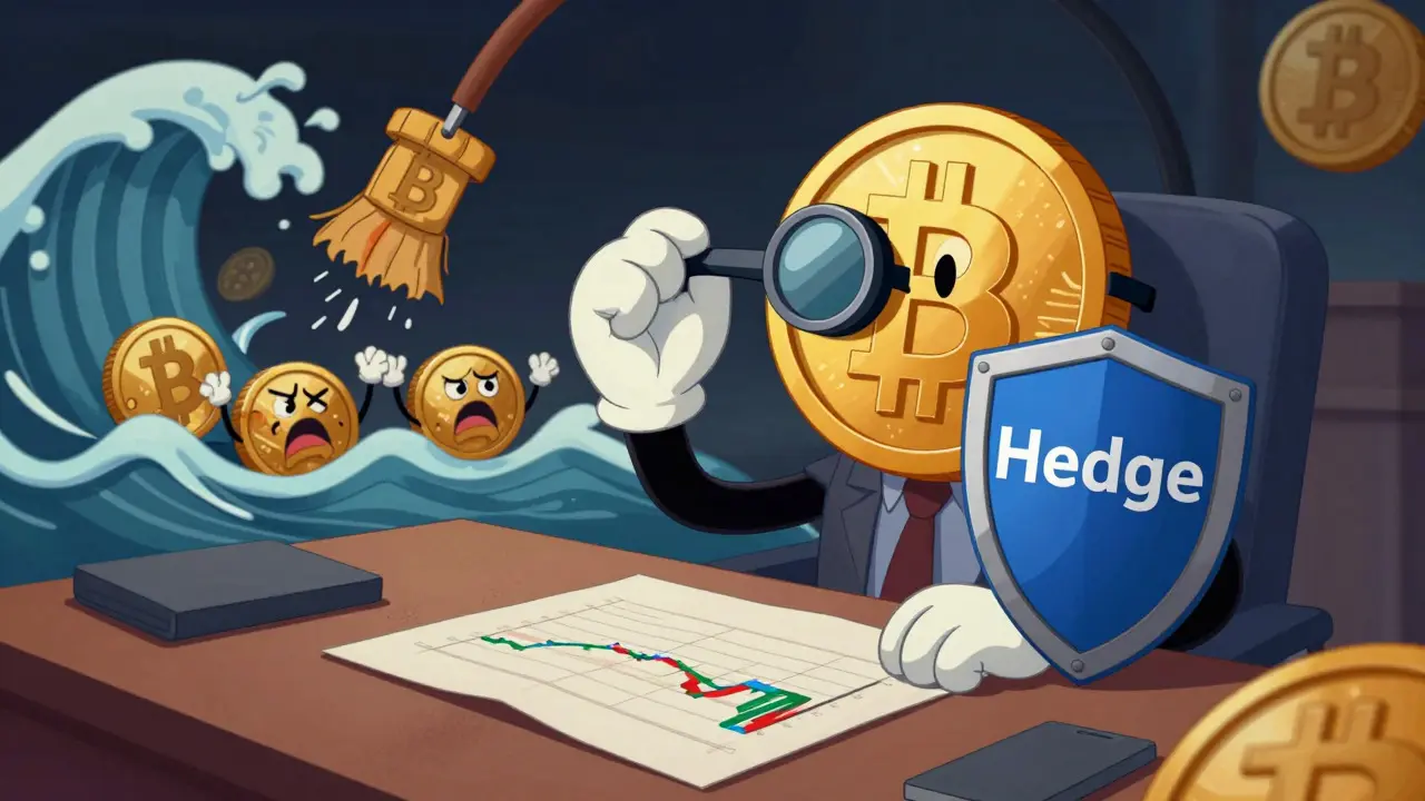 Confident cartoon Bitcoin character hedging against financial risks