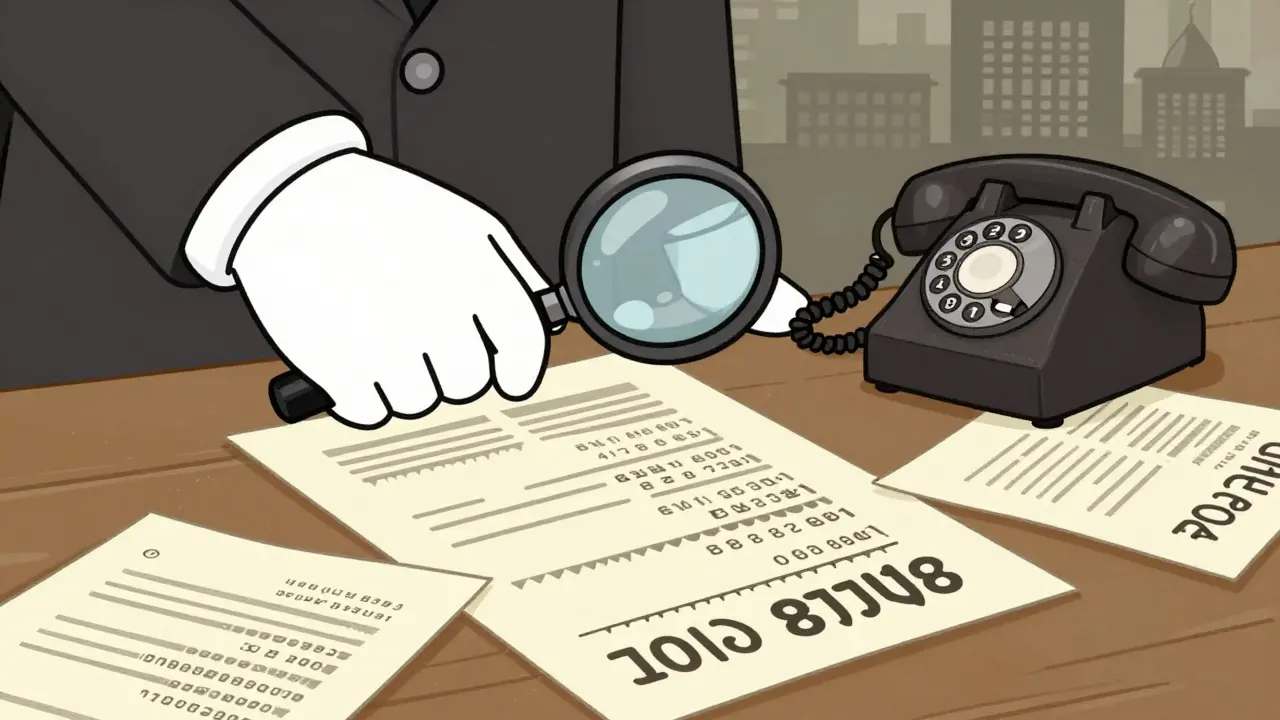 Detective examining crypto transaction documents with magnifying glass
