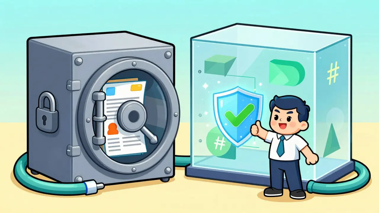 Developer illustrating off-chain data storage and on-chain verification concepts