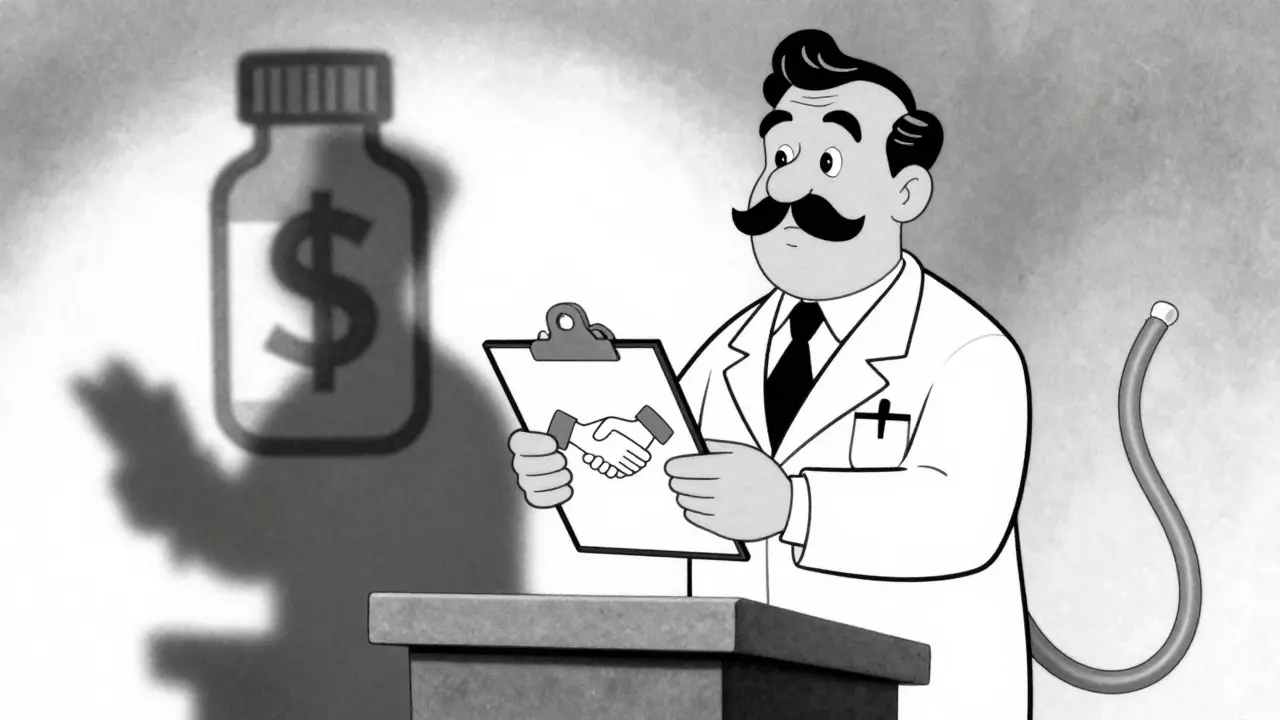 Doctor with a shadow shaped like a pill bottle and money