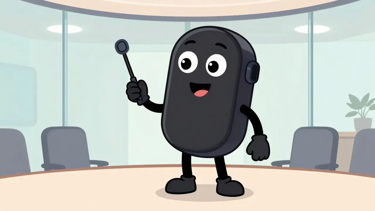 Friendly animated video bar character in a clean meeting room