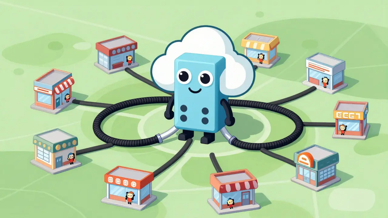 Friendly cloud machine connecting multiple retail stores with cables