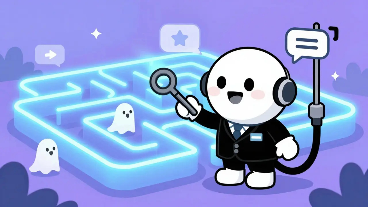 Friendly robot receptionist guiding callers through maze