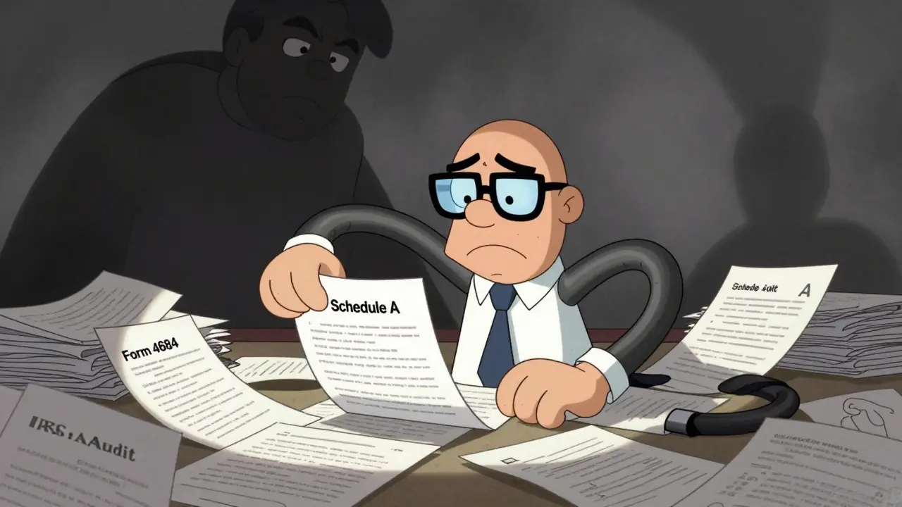 Frustrated cartoon accountant overwhelmed by tax forms and IRS audit paperwork in rubber hose style.