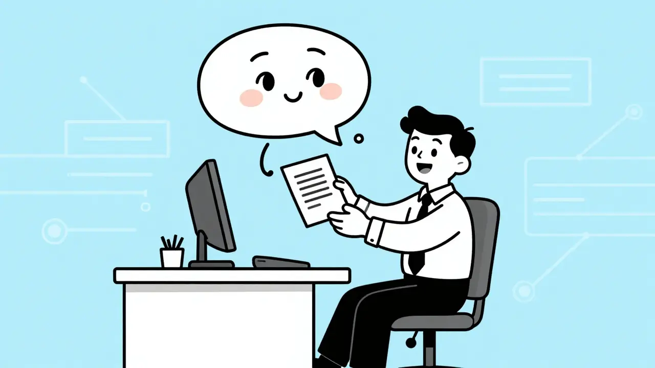 Happy cartoon worker receiving integrated chat messages seamlessly
