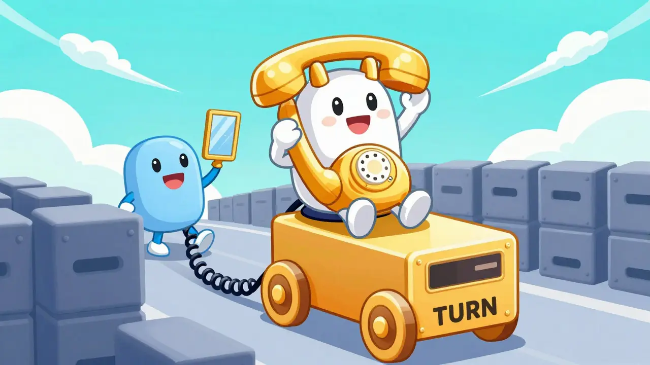 Happy phone riding a TURN relay server chariot past firewalls in rubber hose animation