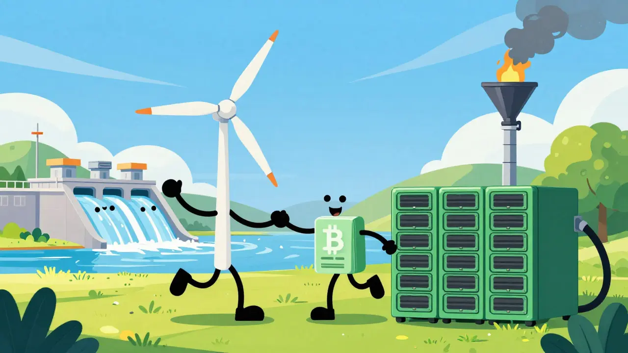 Happy wind turbine and dam dancing with a green Bitcoin server
