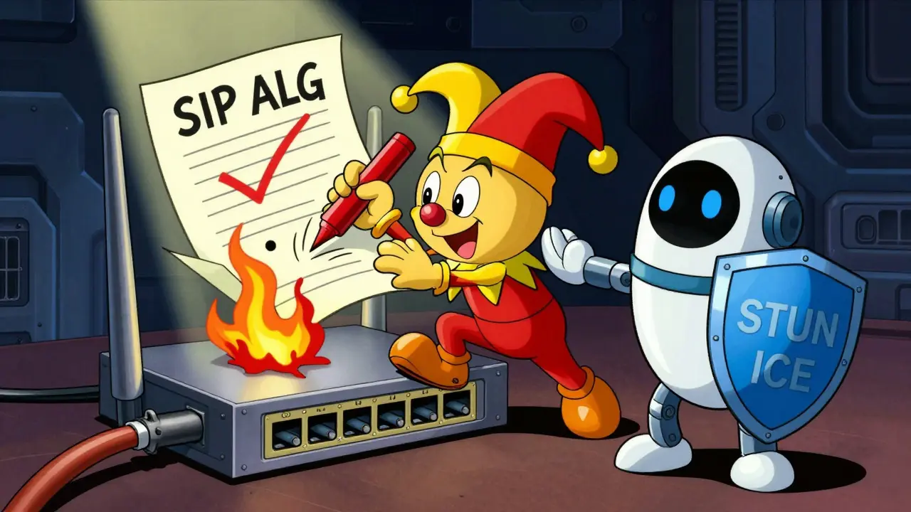 Jester SIP ALG character causing chaos while modern ICE robot intervenes in cartoon style