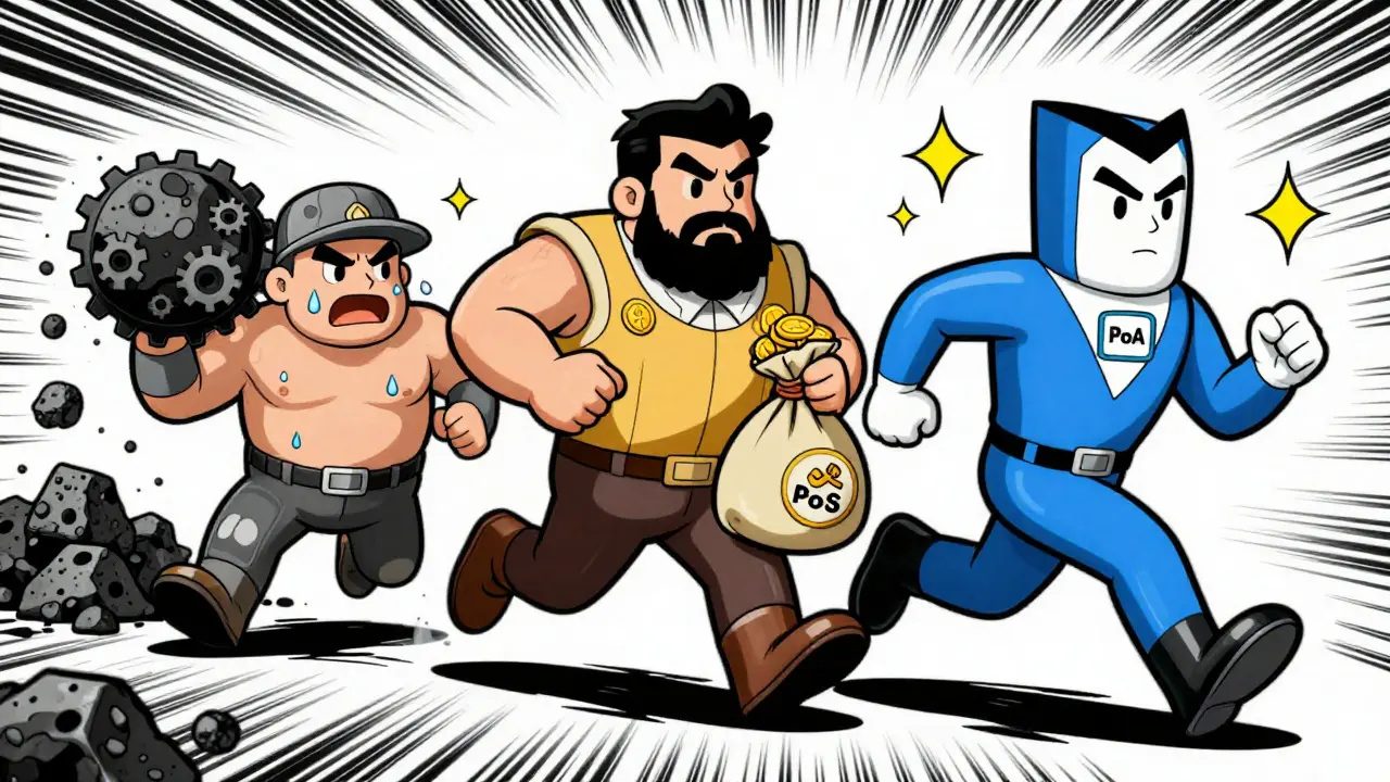 Retro cartoon race showing PoA validator outperforming PoW and PoS miners