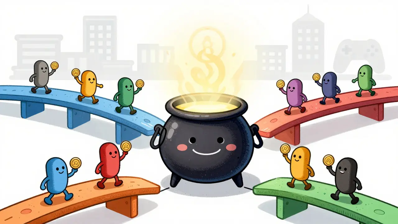 Rubber hose style art of characters depositing tokens into a unified pool