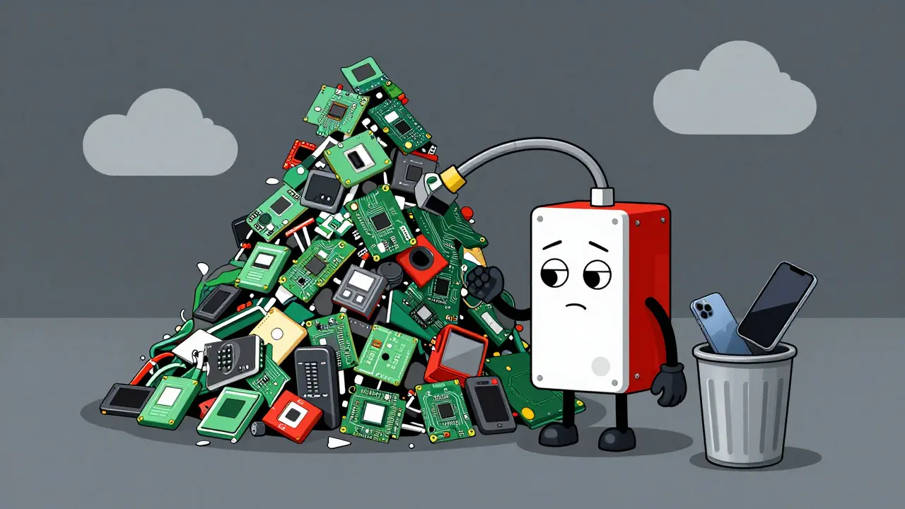 Sad ASIC miner next to a huge pile of electronic waste and trash